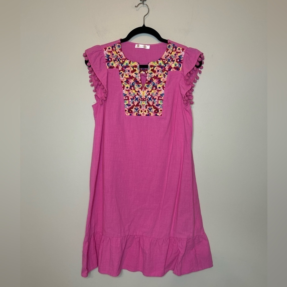 Hot Pink Baby Doll Ruffle Sleeve Embroidered Dress Size S - Picture 4 of 9